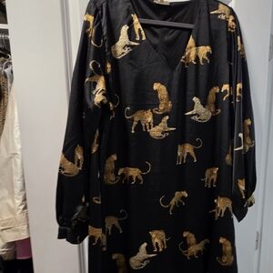 JODIFL Black Long Sleeve Dress with Gold Leopard Print